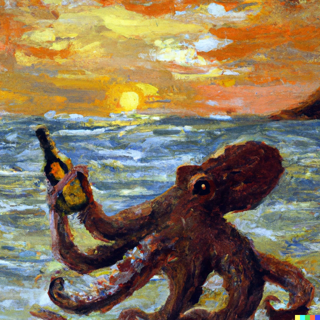 Prompt: An Impressionist oil painting of an octopus drinking a bottle of Peroni beer while emerging from the sea during a sunset