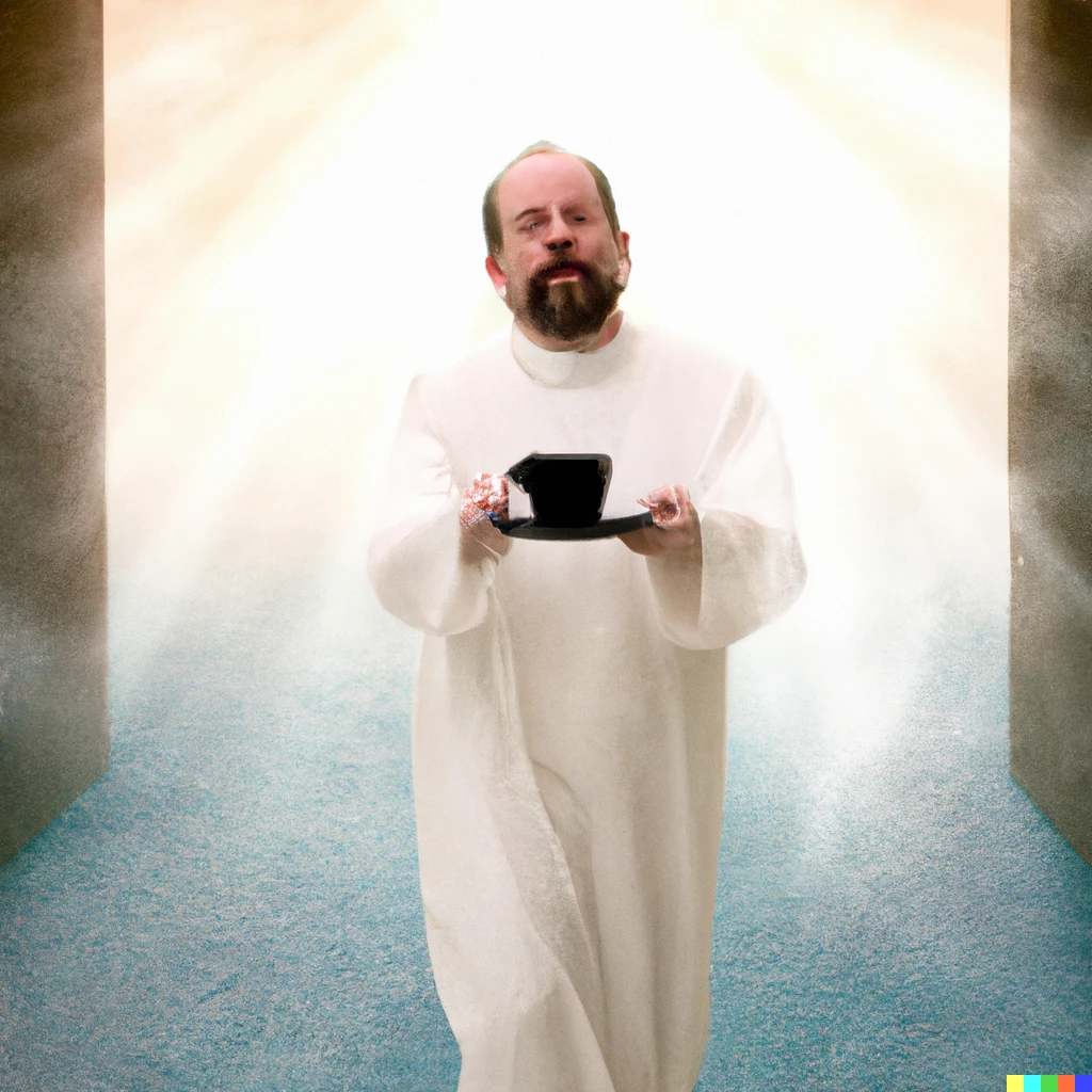 Prompt: Being greeted at the pearly gates of Heaven by Jesus with a fresh cup of coffee 