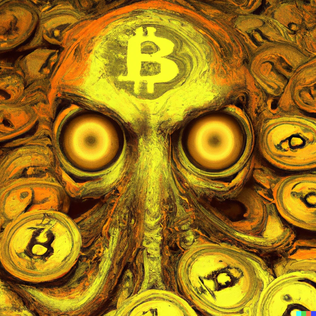 Prompt: octopus with red eyes on the big pile of golden bitcoin golden coins in detailed computer graphics style with detailed shading and a lot of interesting abstract details