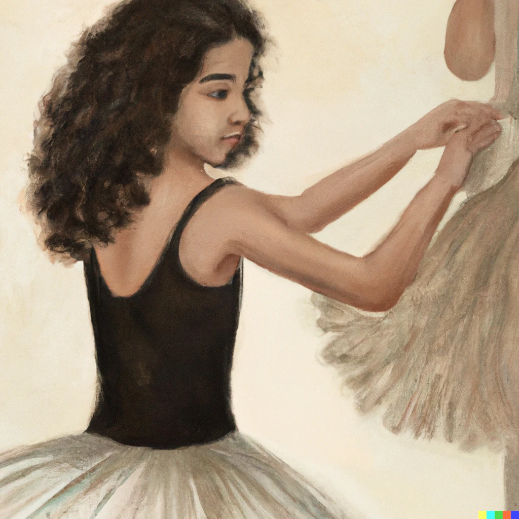 Prompt: Degas Ballerina painting Hispanic girl with brown curly hair 