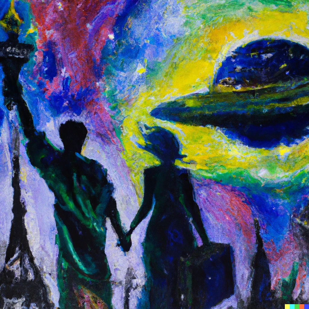 Prompt: A painting of a future world where the government controls everything, rebels build a giant space ship and take off into the cosmos, searching for a new planet to call home.  The rebel leaders are a woman named Liberty and a man named Freedom. 