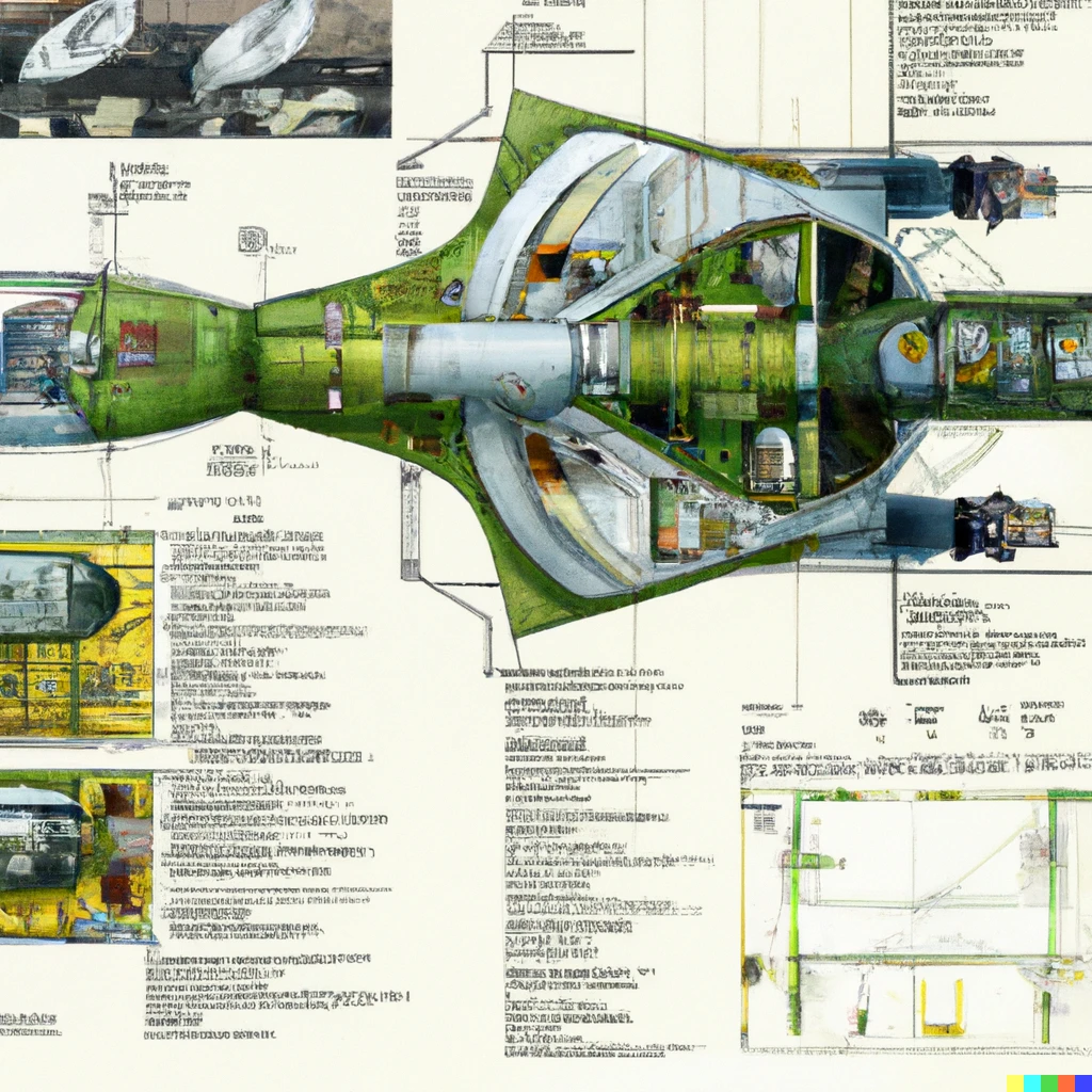 Prompt: A detailed color cutaway illustration of a futuristic  spaceship from the year 2038 in the style of the science fiction magazine art from the 1930s, with different parts of the spaceship labeled and numbered and a numbered list of what 