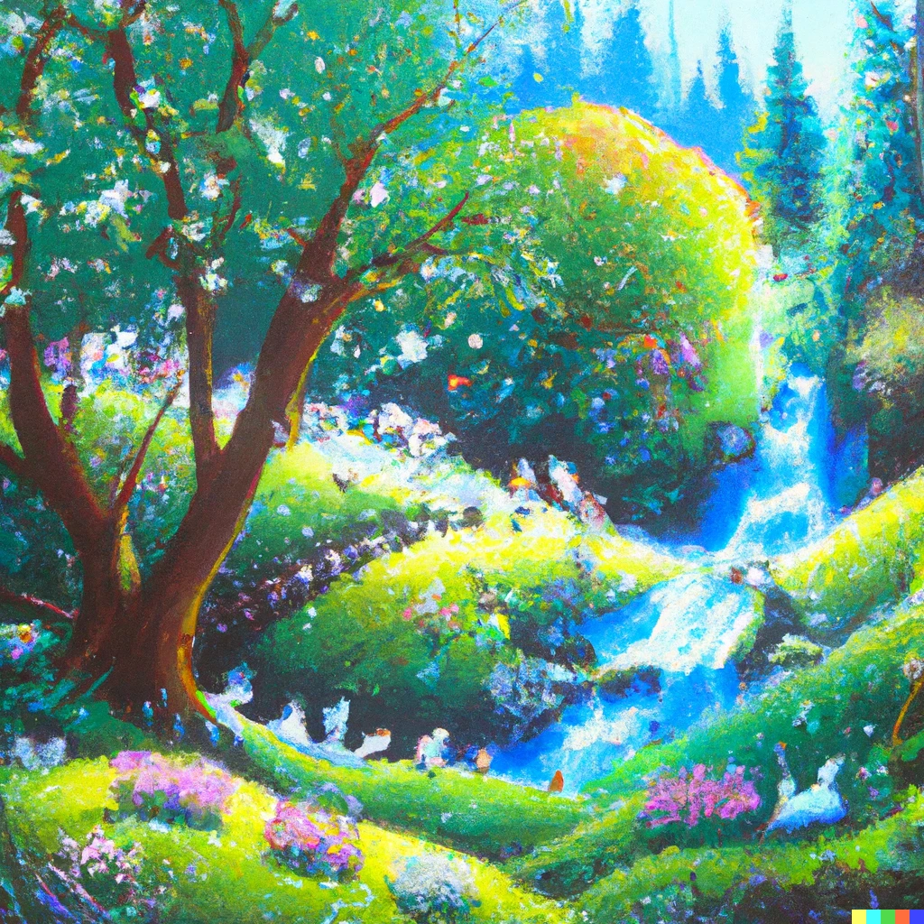 Prompt: A painting of a strange magical beautiful forest with trees, flowers, rabbits, butterflies, birds, and a babbling brook sparkling in the sunlight, an image that everyone loves to see, that gets shared and liked and reblogged and retweeted a lot on Facebook,  Twitter, Tumblr, TikTok, trending on ArtStation, in magical realism oil painting style