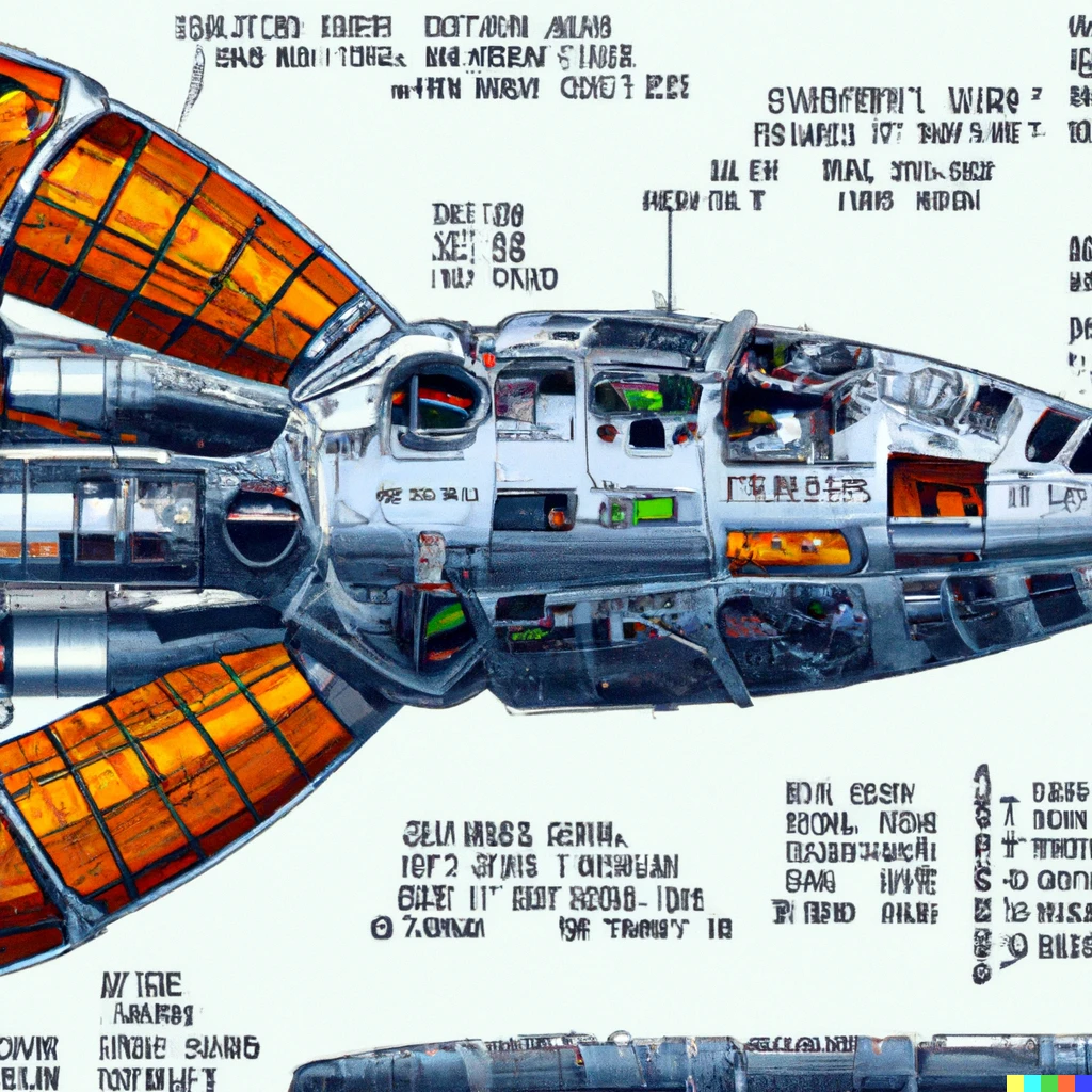 Prompt: A detailed color cutaway illustration of a futuristic  spaceship from the year 2038 in the style of science fiction magazine art from the 1930s, with different parts of the spaceship labeled and numbered and a numbered list of parts  | 746