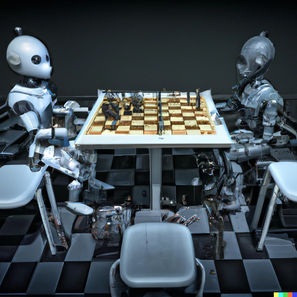 Prompt: Two humanoid robots playing chess, sitting in chairs facing each other across a table with a chessboard on it. The chessboard is a standard 8 by 8 checkerboard. The chess pieces are tiny statues of realistic living humans.. You can see all of both robots. The chess pieces are tiny realist statues of humans. The chessboard is a realistic 8 by 8 chessboard.  The robots do not look just alike. 