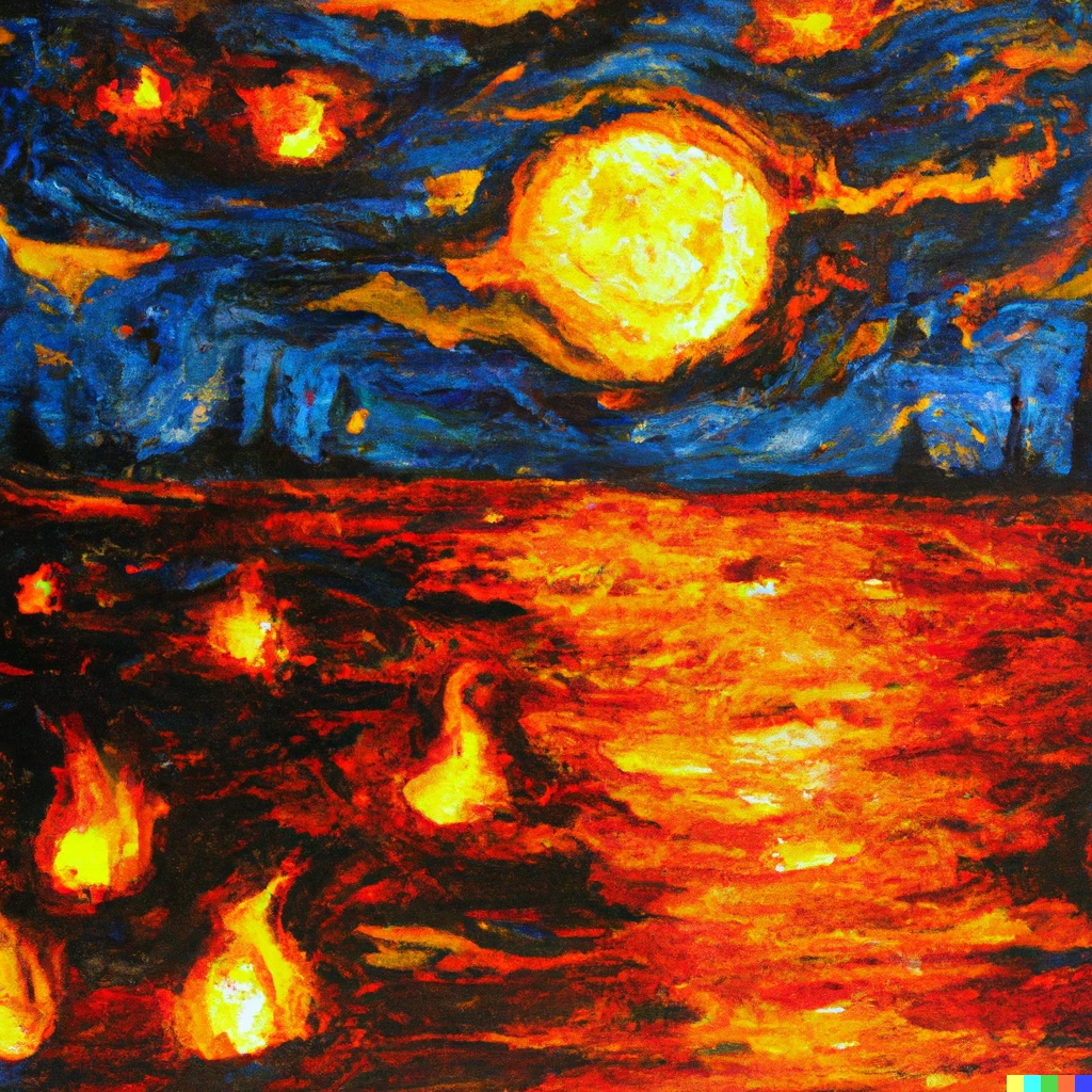 Prompt: Moon on fire in the ocean By Van Gogh