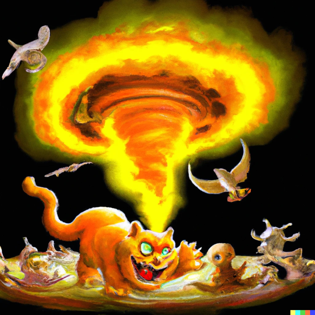 Prompt: Garfield the cat summons open a hellish glowing tornado of souls from the skull of a triceratops.