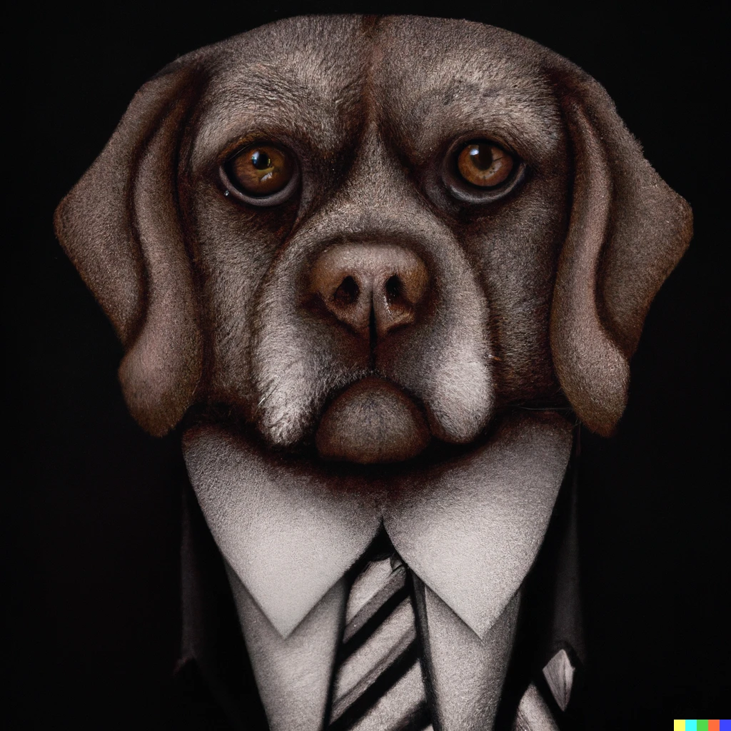 Prompt: A hand drawn photorealistic portrait of a dog wearing a tie