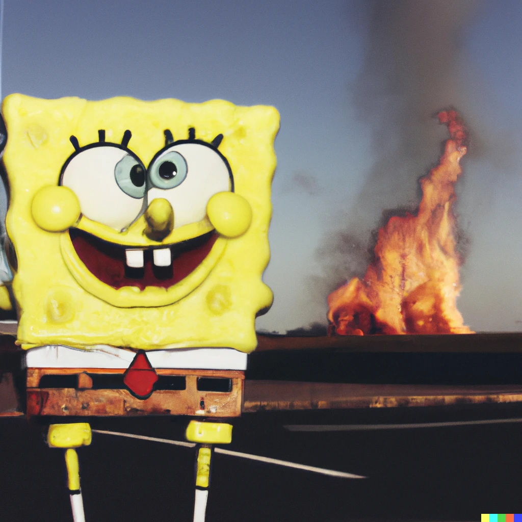 Prompt: Polaroid of a photorealistic SpongeBob standing far away from a house on fire 