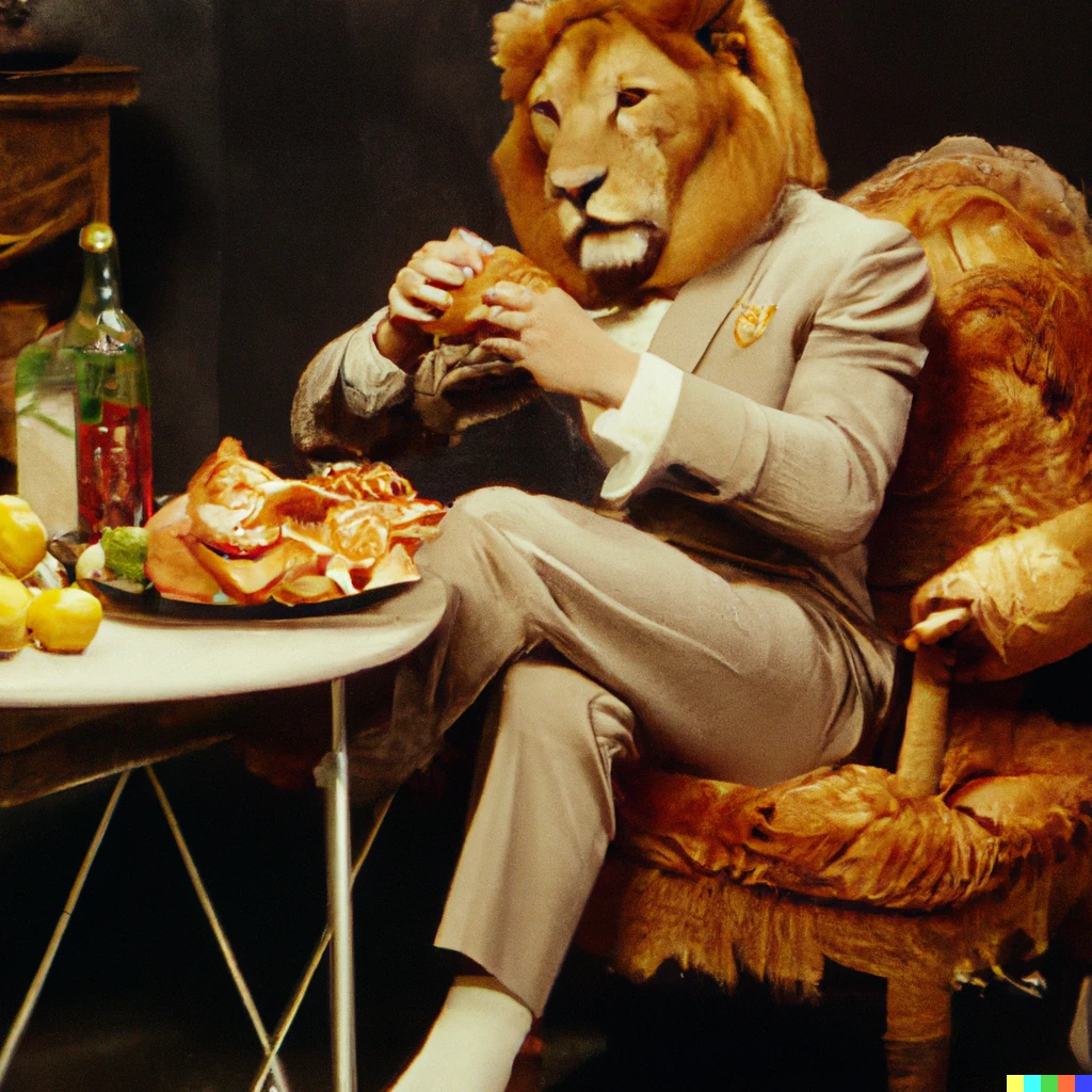 Prompt: A photorealistic 1940's picture of a humanoid lion dressed in 1960's attire, sitting in a chair eating raw chicken, high quality, 4k