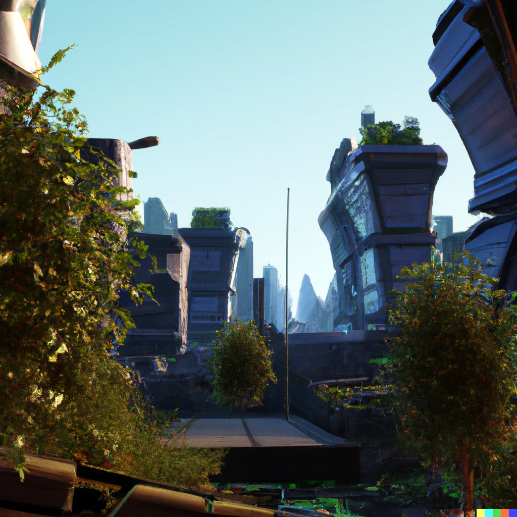 Prompt: A photorealistic futuristic city covered in dirt and lush foliage, high quality, 4k