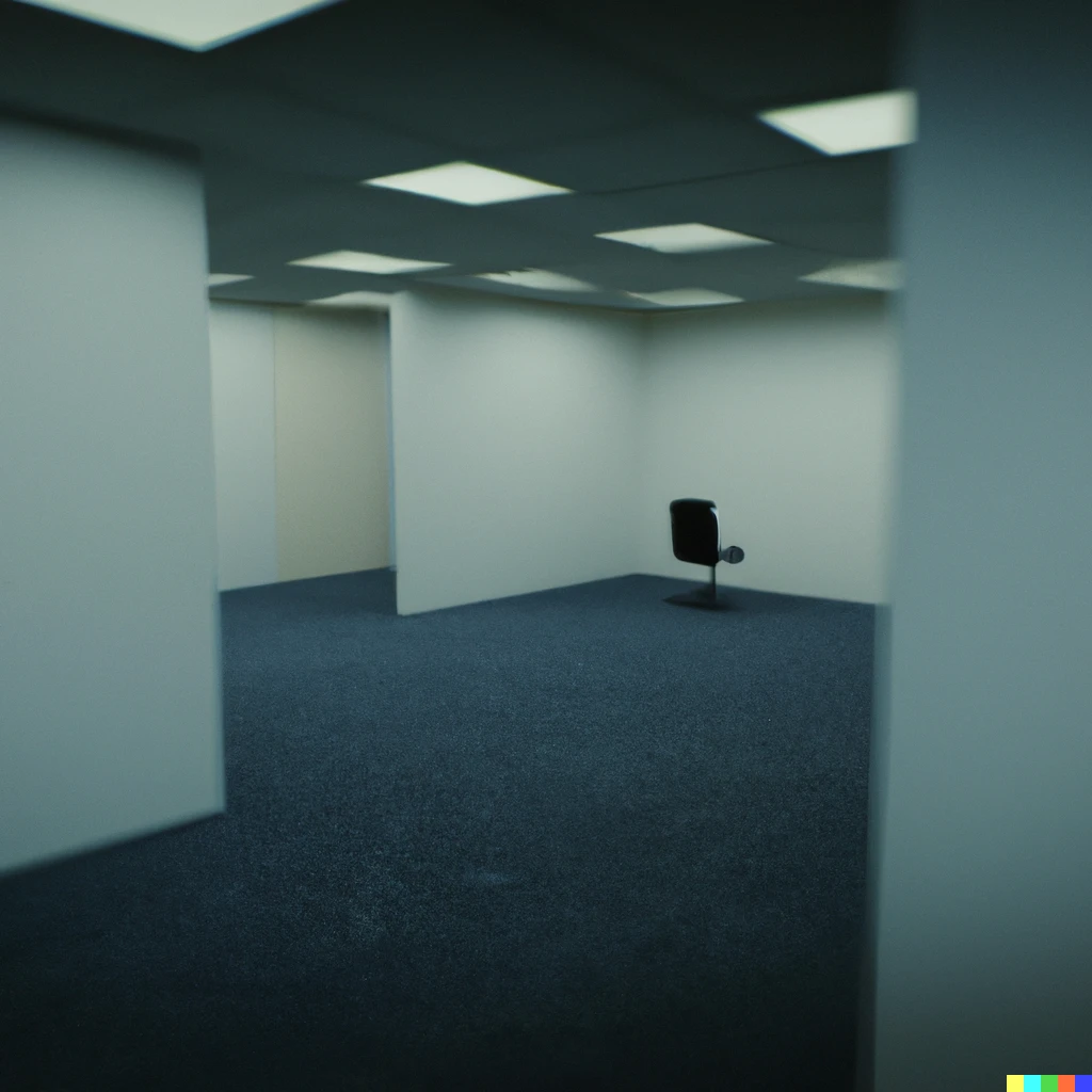 Prompt: A hyperrealistic 3d render of a large eerie empty office space with dull colors and a damp carpet floor with a square hole in the wall, high quality, 4k