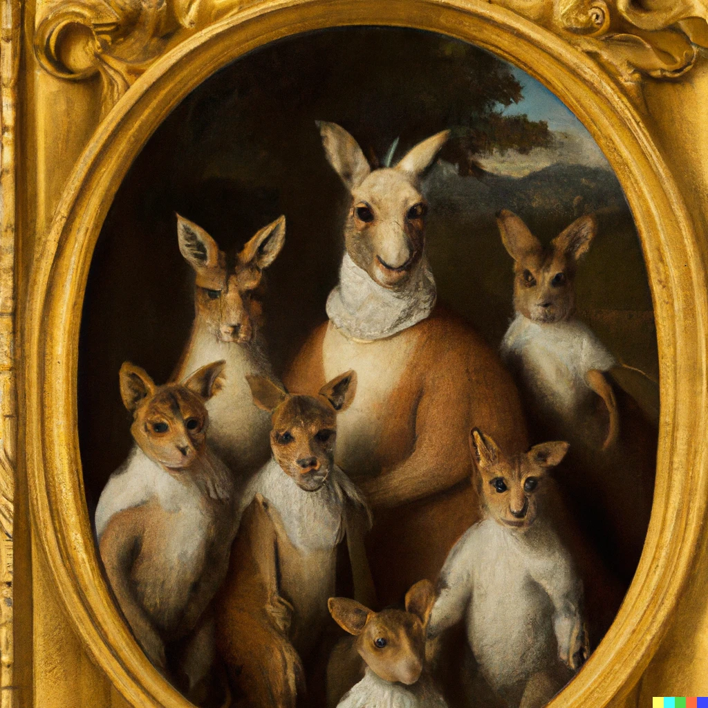 Prompt: A photorealistic 1700's portrait of a kangaroo family wearing clothes in a metallic gold frame, high quality 