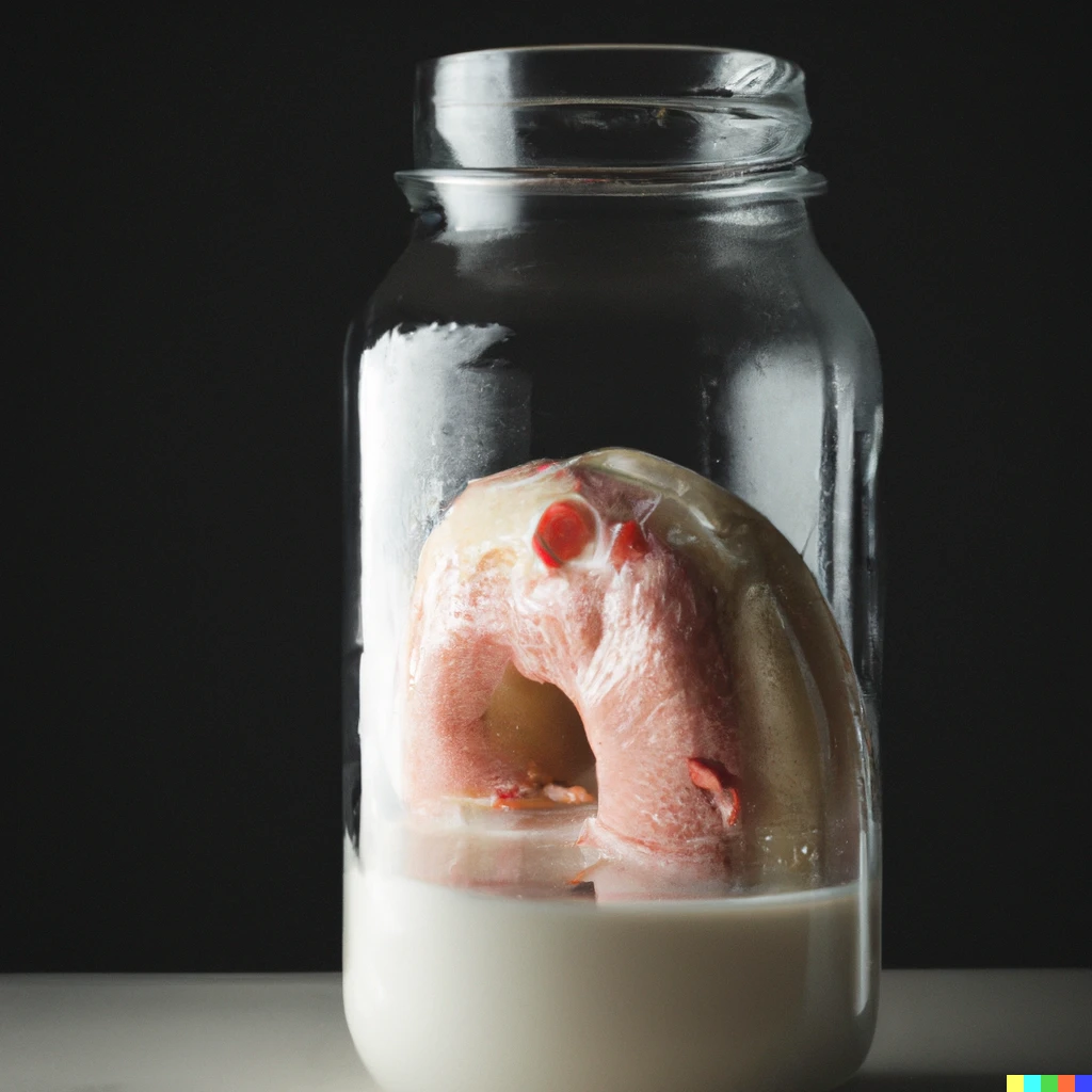 Prompt: A High Quality portrait of a strawberry jelly filled donut inside a glass jar of milk
