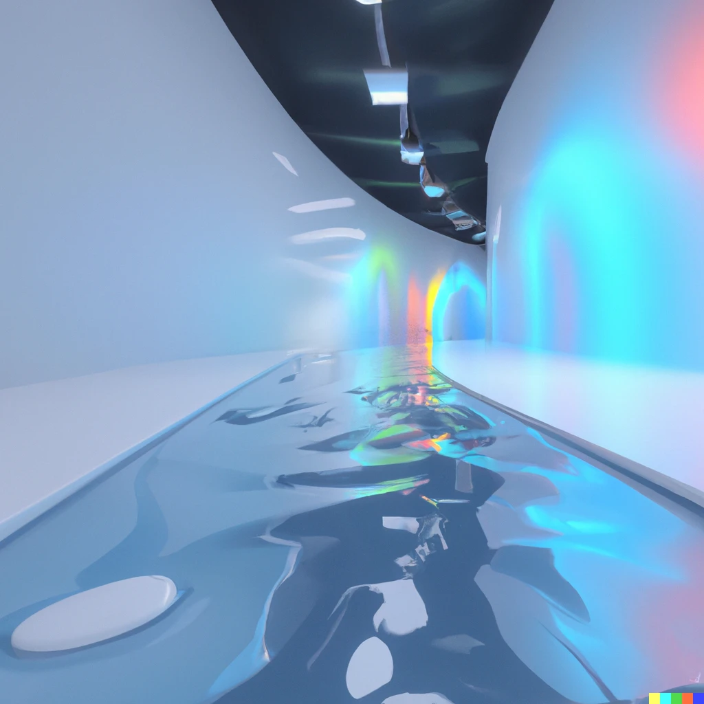 Prompt: A hyperrealistic 3d render of a curved hall way with vibrant colorful gradients and a white floor and flooded with clear water, high quality, 4k