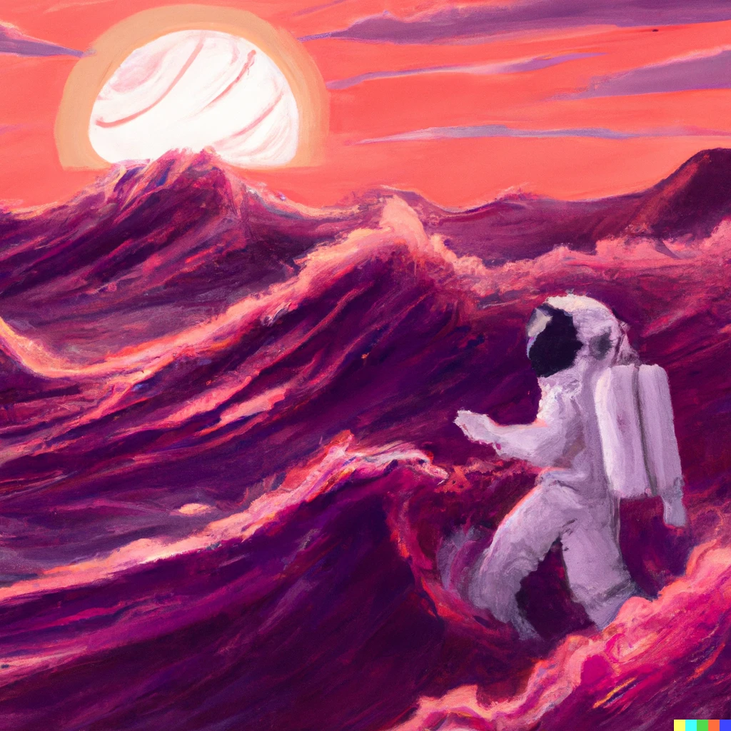 Prompt: A astronaut swimming in a purple ocean with huge waves on Mars with a sunrise in the style of Bob Ross, high quality, digital art 