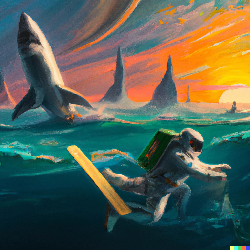 Prompt: A photorealistic astronaut swimming in a colorful ocean with huge waves and 
green sharks on Mars with a sunset in the style of Bob Ross, high quality, digital art 