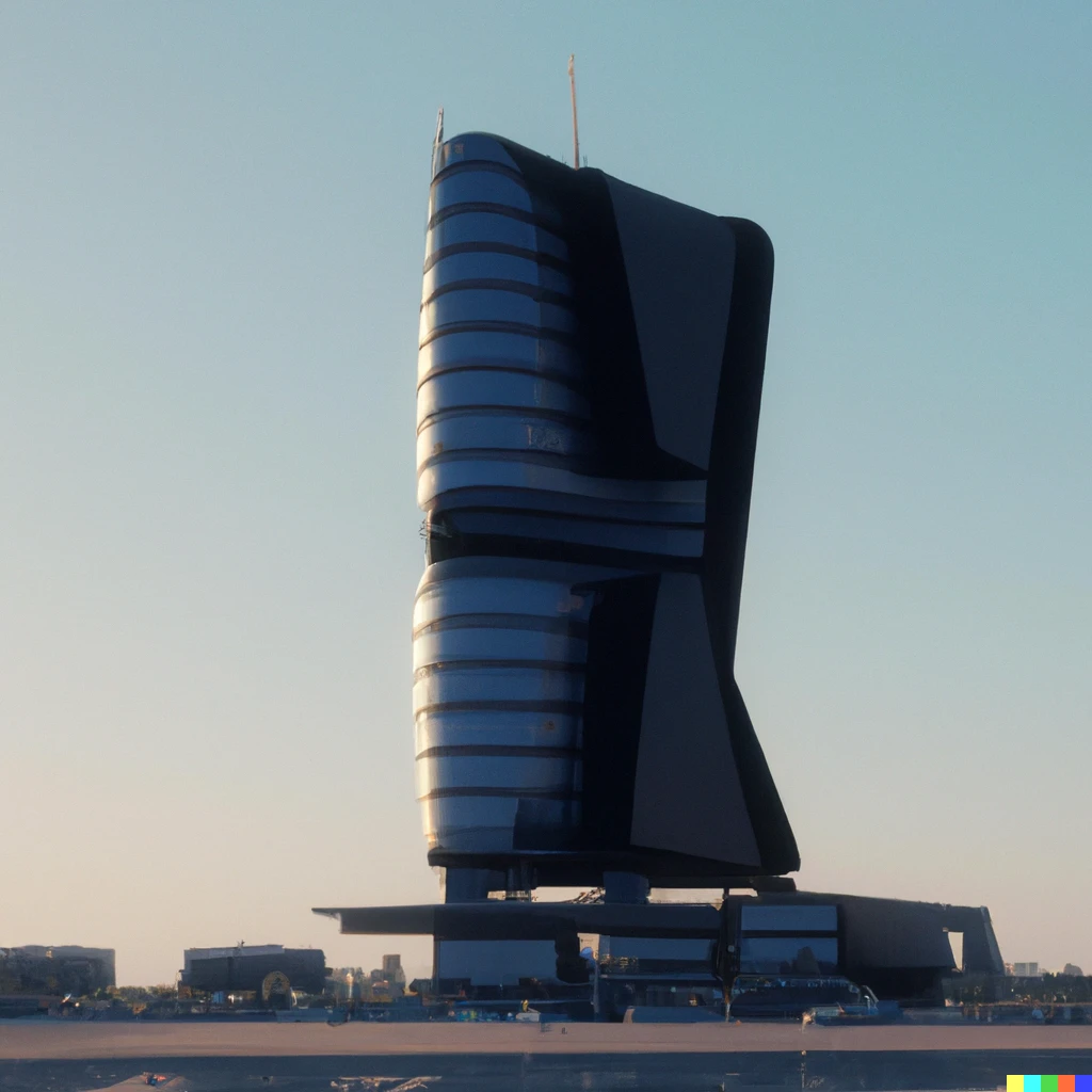 Prompt: A architectural visualization of a skyscraper designed by Open AI's DALLE 2 inspired by Zaha Hadid and NASA, photorealistic, high quality, 4k