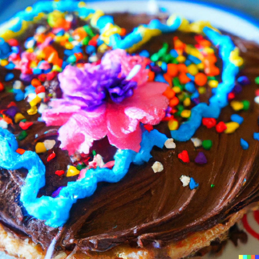 Prompt: A birthday cake with buttercream chocolate frosting, colorful vibrant sprinkles and a chocolate sun flower with a vanilla ice cream heart in the middle, high quality, 4k