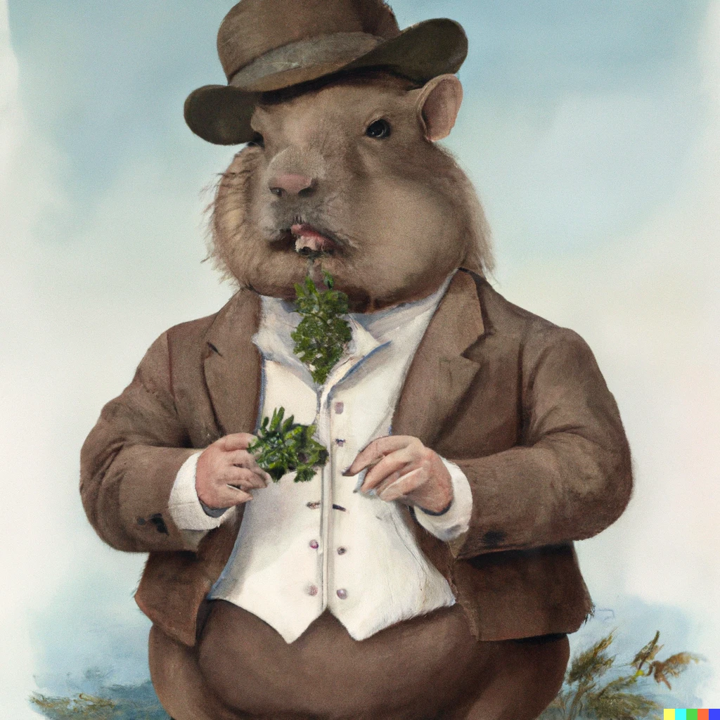 Prompt: A water color painting of a capybara dressed in 1940's attire eating grapes 