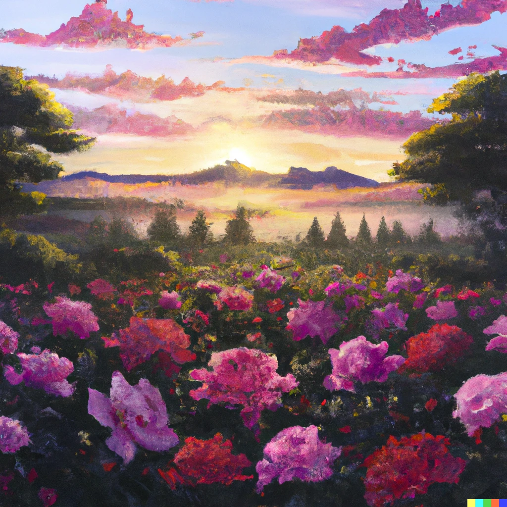 Prompt: A photorealistic field of roses with a beautiful oil painting sunset in the style of Bob Ross, high quality, digital art