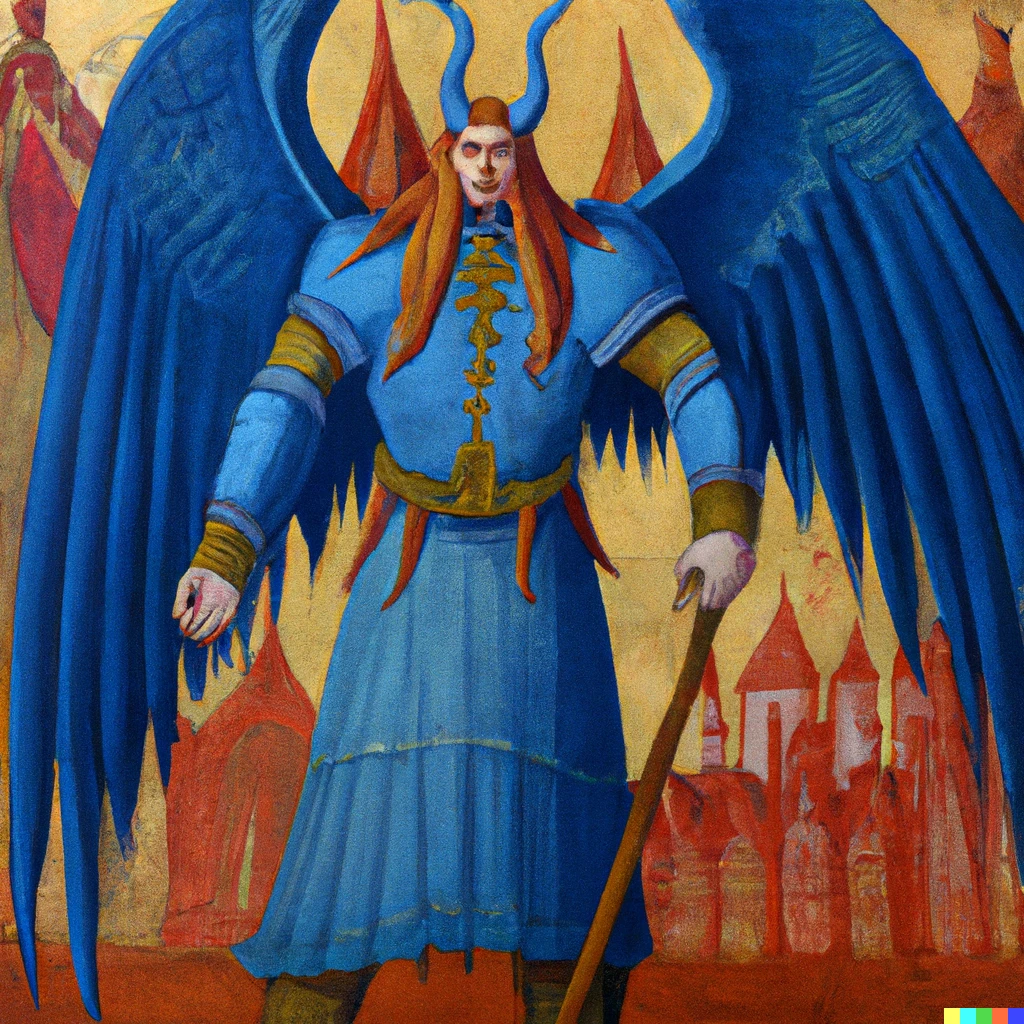 Prompt: Detailed painting of a giant humanoid winged monster in the style of Hans Memling
