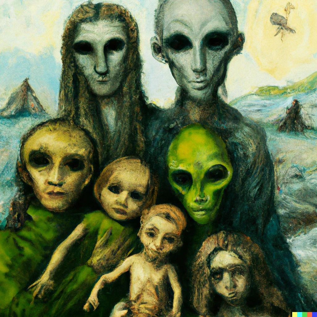 Prompt: A detailed picture of a alien family photo in the style of gustave courbet
