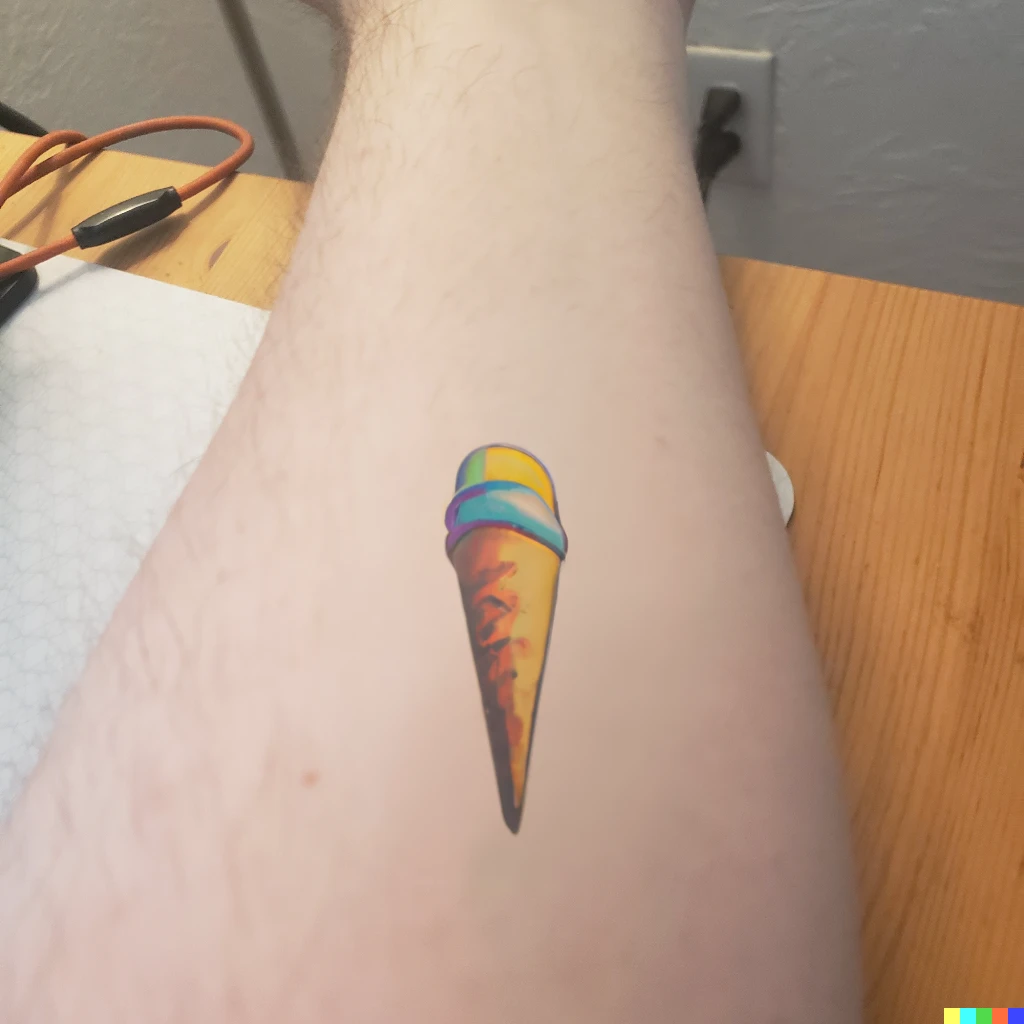 Prompt: A photorealistic tattoo of a colorful ice cream cone 