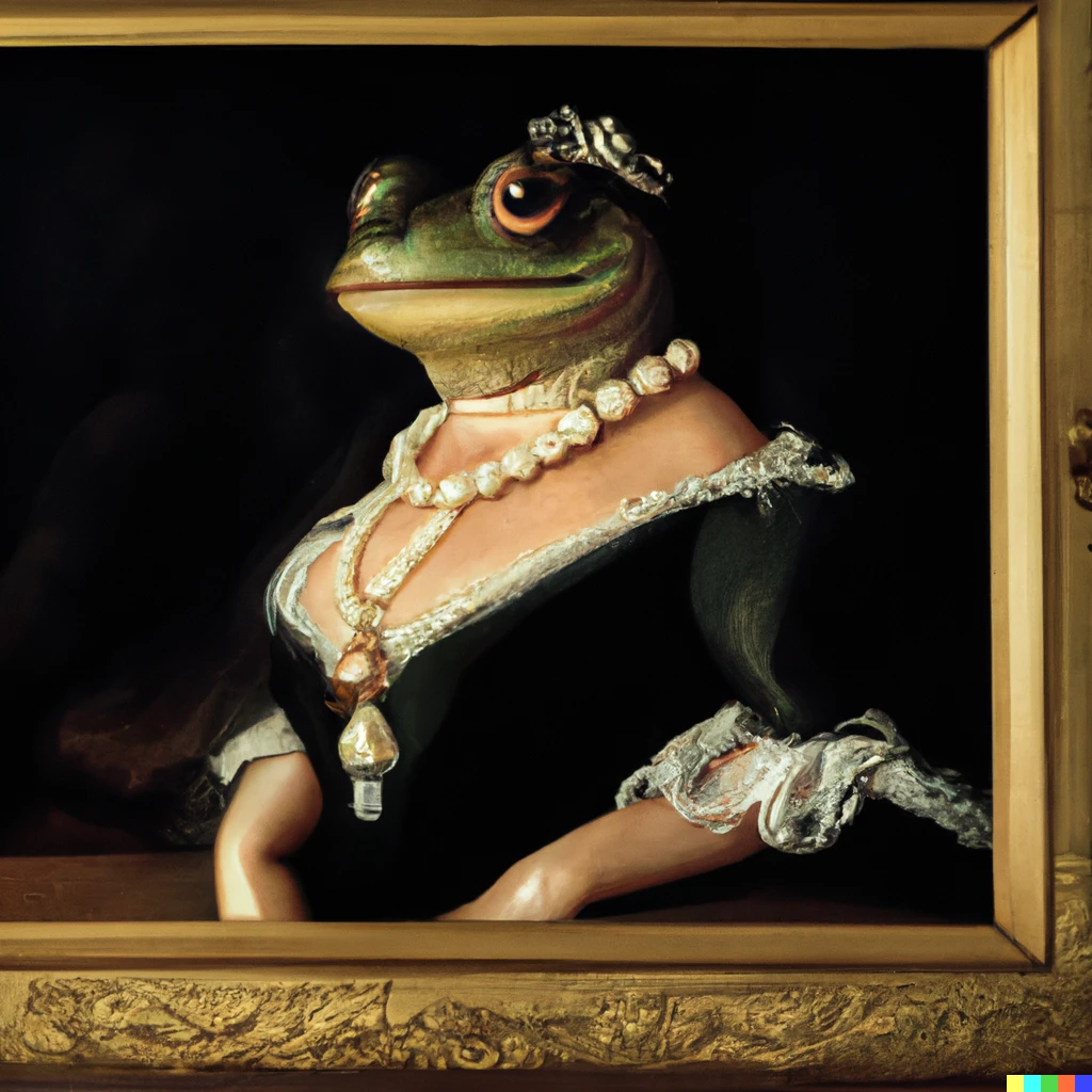 Prompt: A photorealistic 1700's portrait of a frog wearing a pearl necklace and pearl earrings with a black robe and a platinum plated crown with diamonds in a old wooden picture frame hanging above a fireplace, high quality 