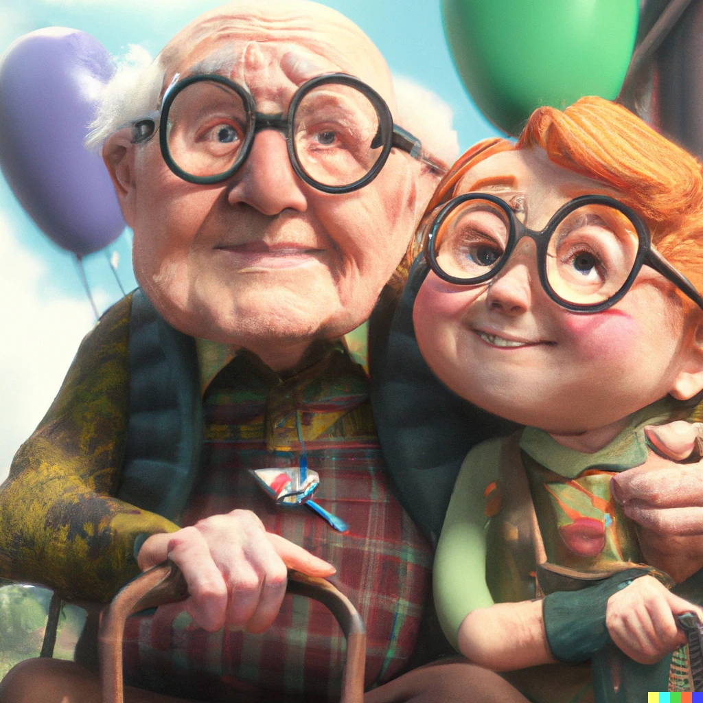 Prompt: A photorealistic picture of Carl Fredericksen and Ellie Fredericksen from the Pixar movie "Up", high quality, 4k
