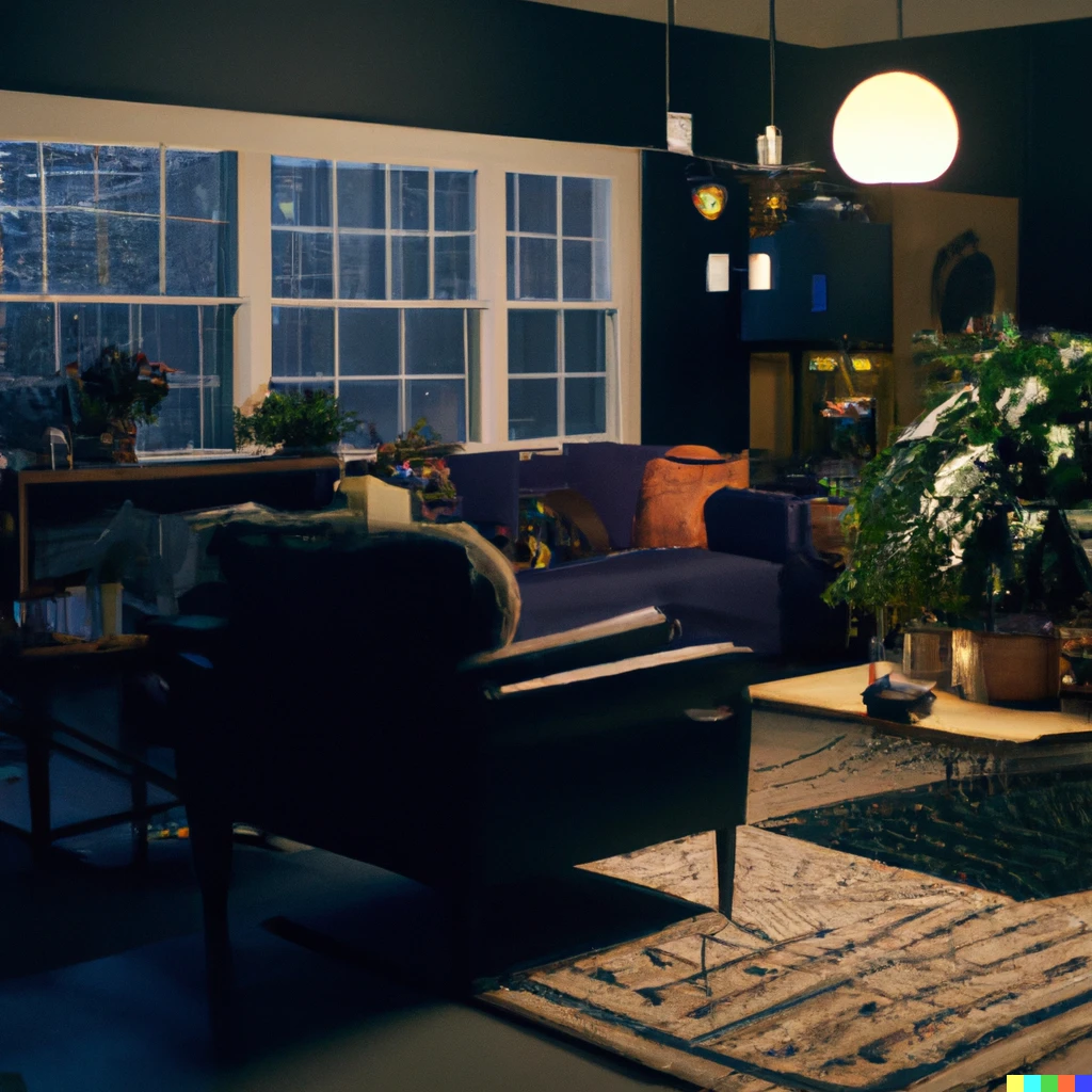 Prompt: A mid century modern living room in a open floor plan house with lush plants, at night, full view, high quality, 4k 