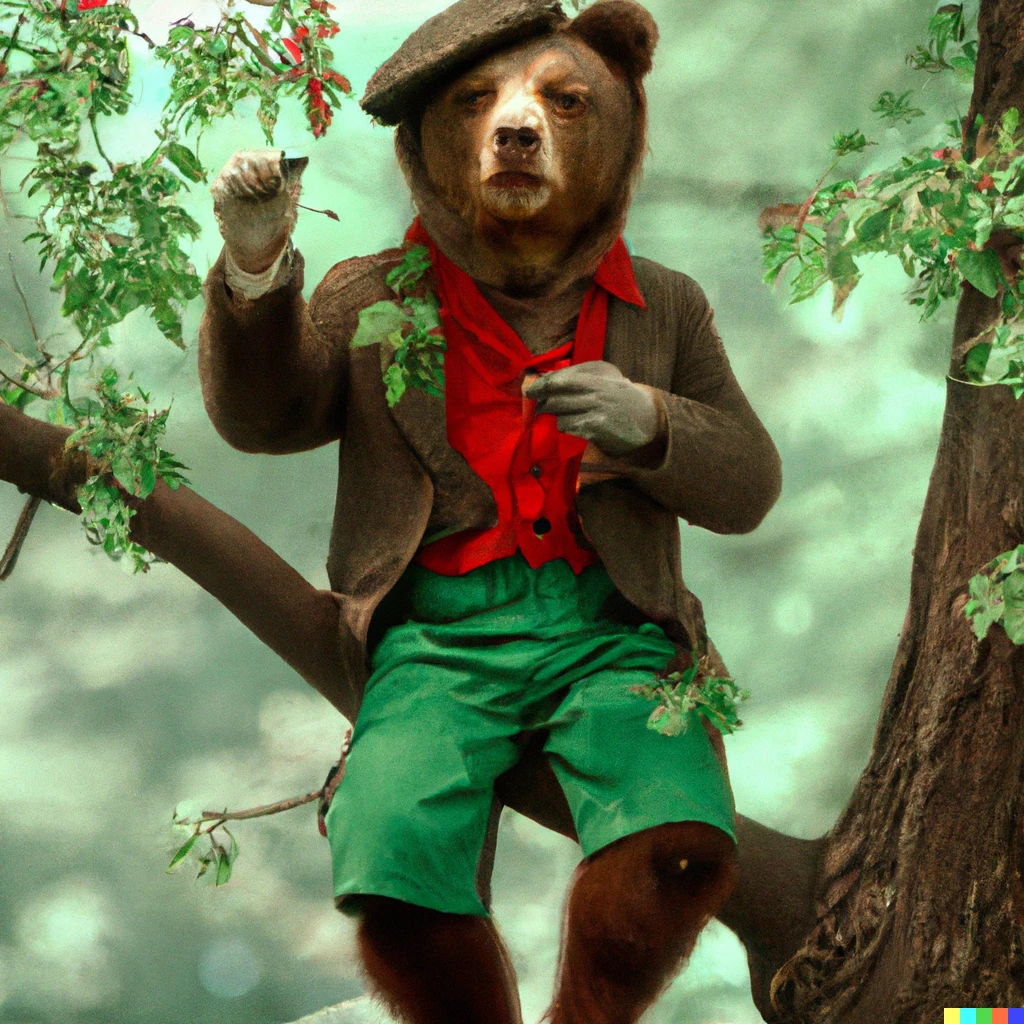 Prompt: A photorealistic 1920's picture of a bear dressed in 1990's attire, sitting in a tree, eating leaf's off a branch, high quality, 4k