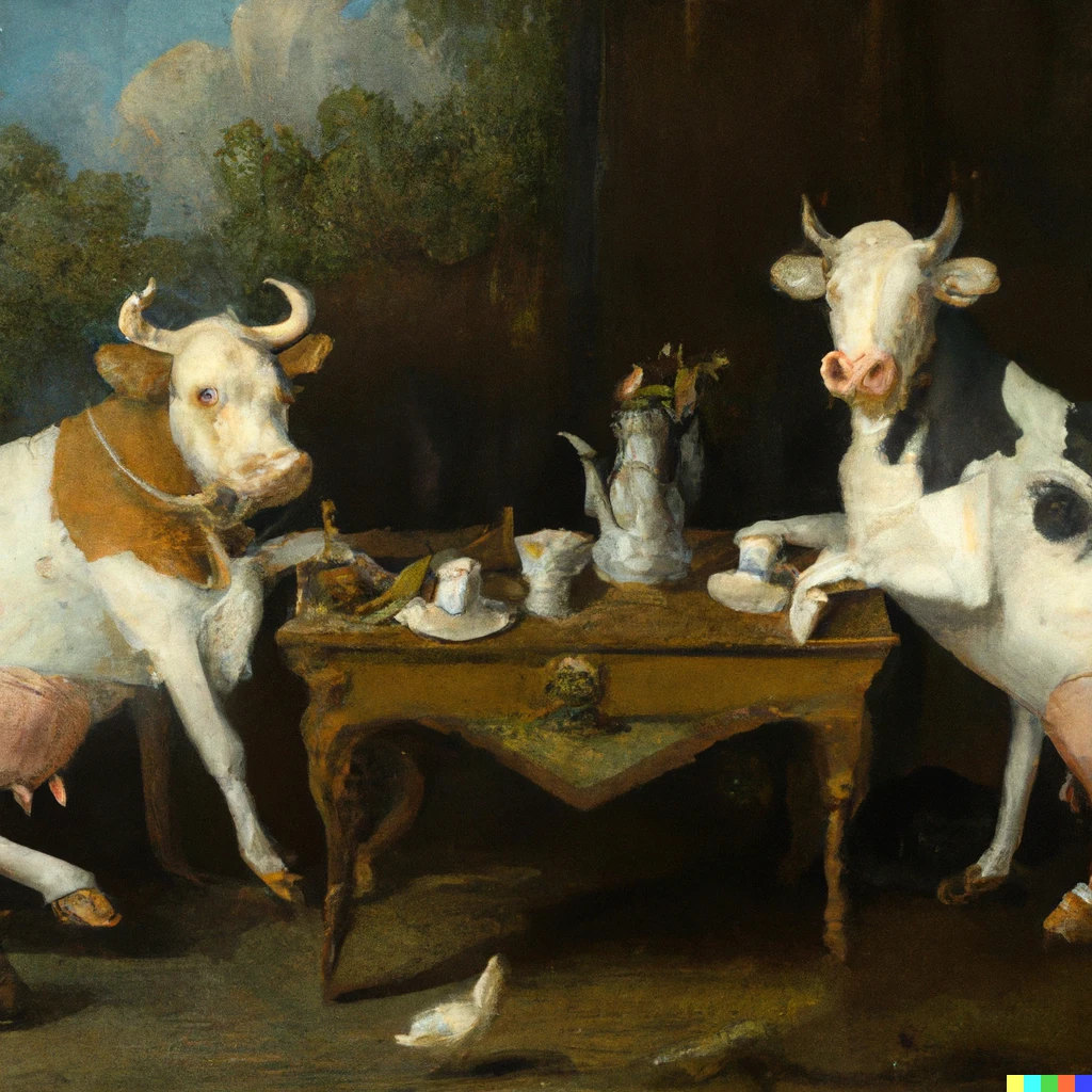 Prompt: Oil painting of two humanoid cows having a tea party, 1800s, high quality
