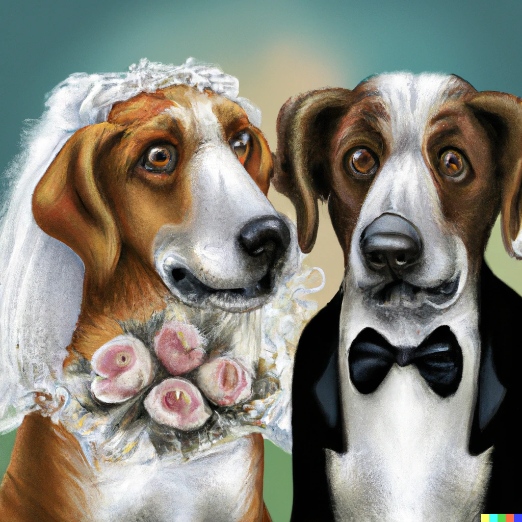 Prompt: A photorealistic portrait of two dogs getting married, high quality 