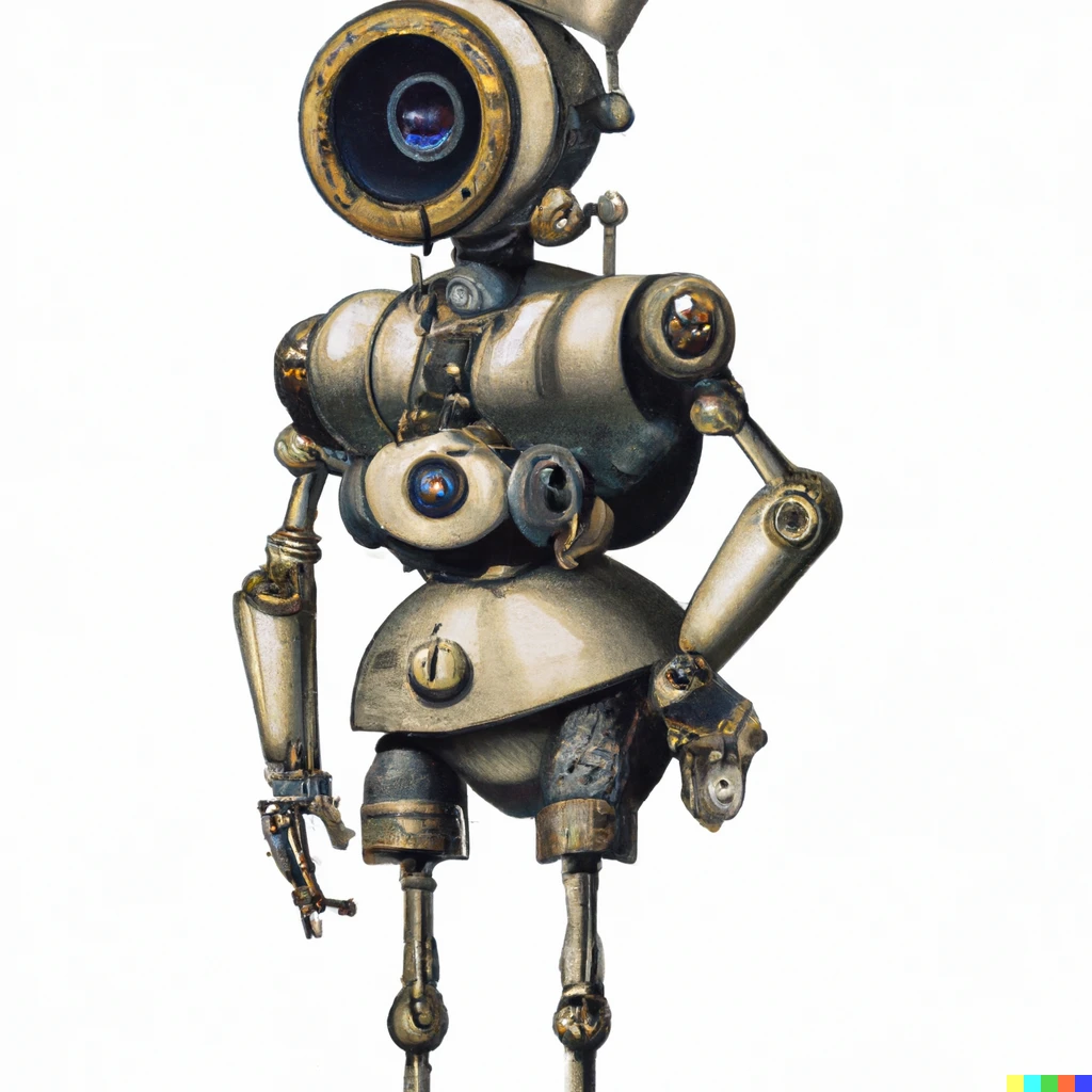 Prompt: A visual representation of Open AI's DALL-E as a 1920's humanoid robot, low resolution 