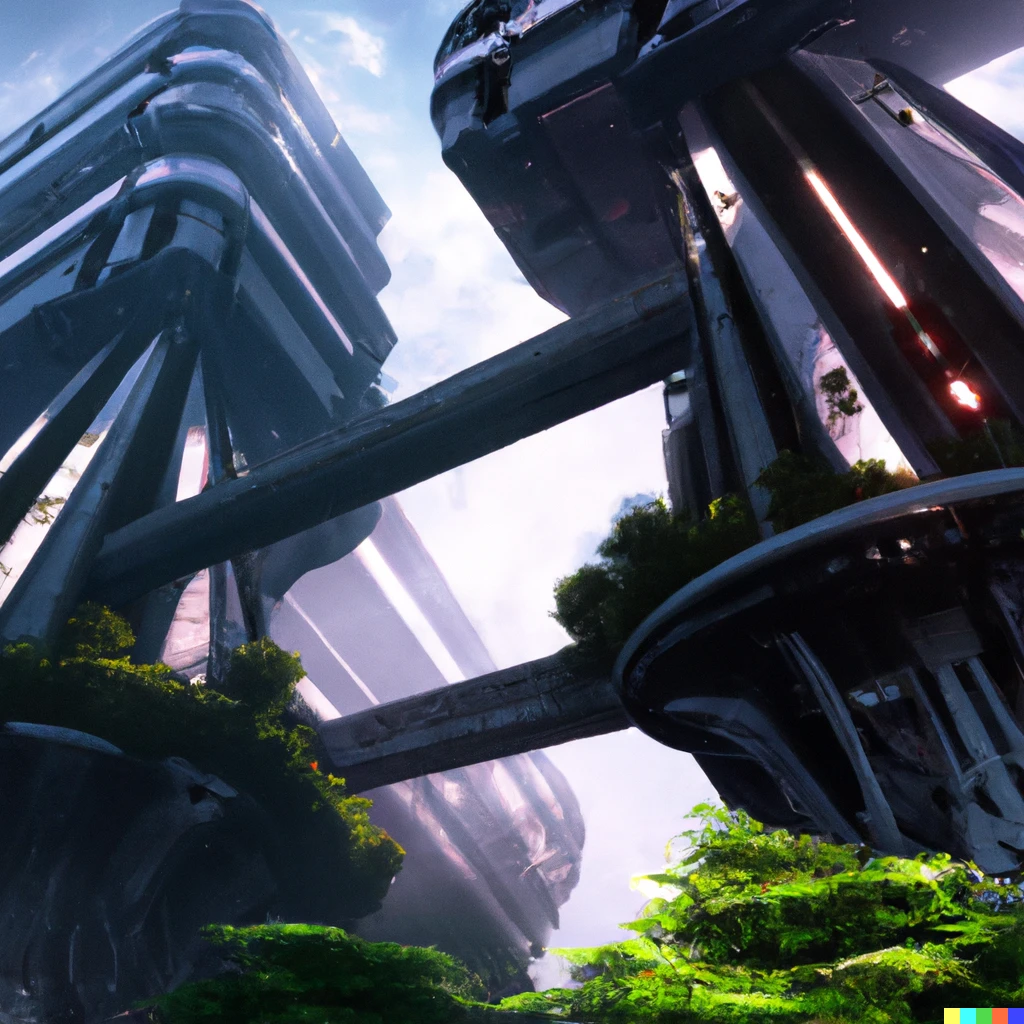 Prompt: Two futuristic towers with a skybridge covered in lush foliage, digital art