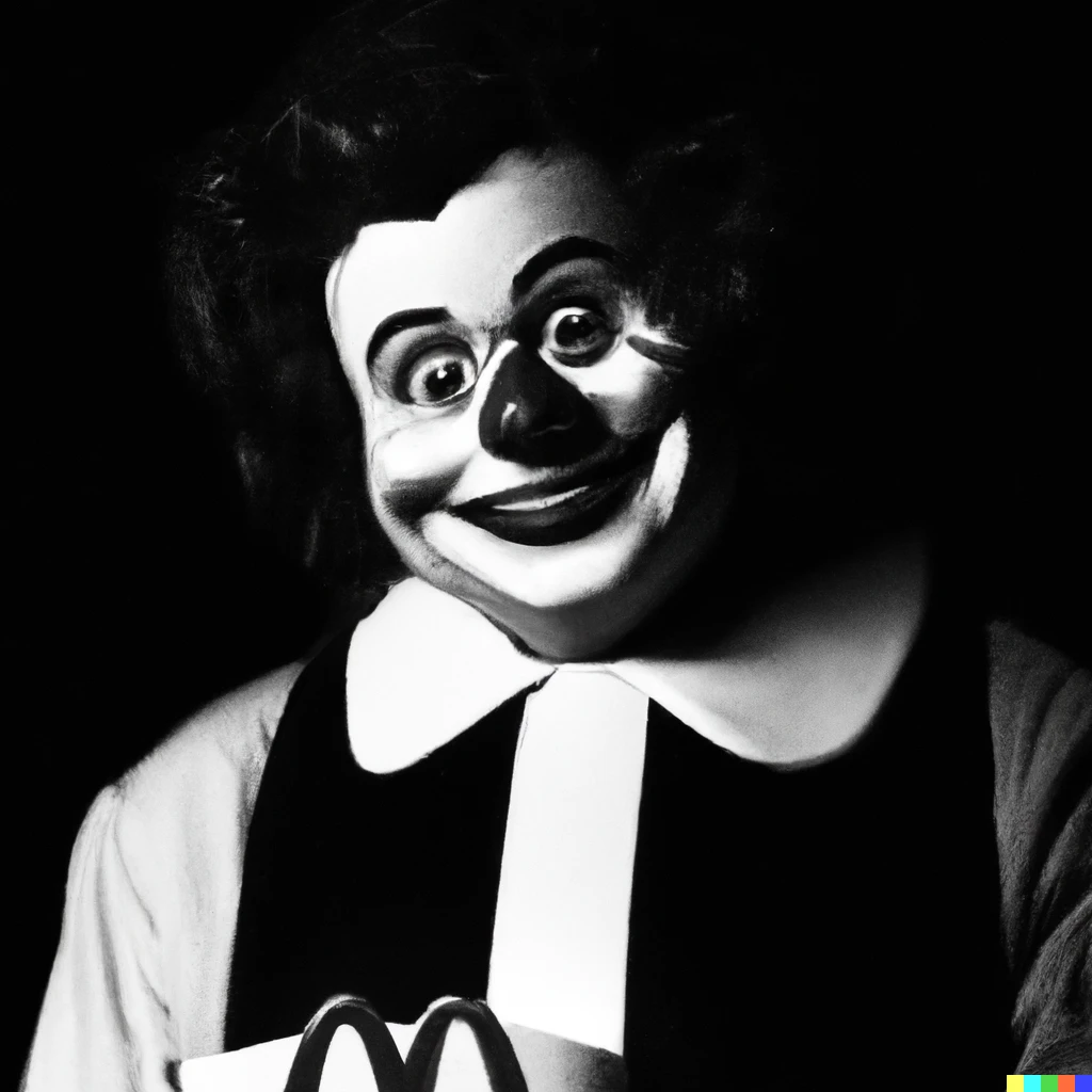 Prompt: minimal noir poster of a portrait of Ronald McDonald holding a happy meal, uncropped, high quality
