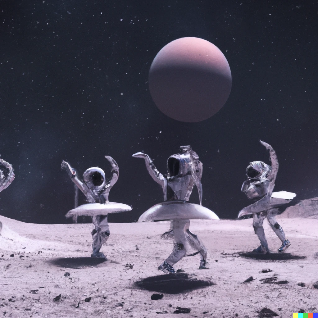 Prompt: Multiple astronaut's wearing a tutu dancing like a ballerina on the moon, digital art