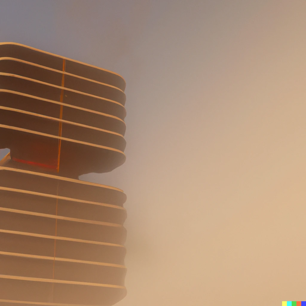 Prompt: Photorealistic abstract futuristic condo building in a sandstorm, high quality, 4k 
