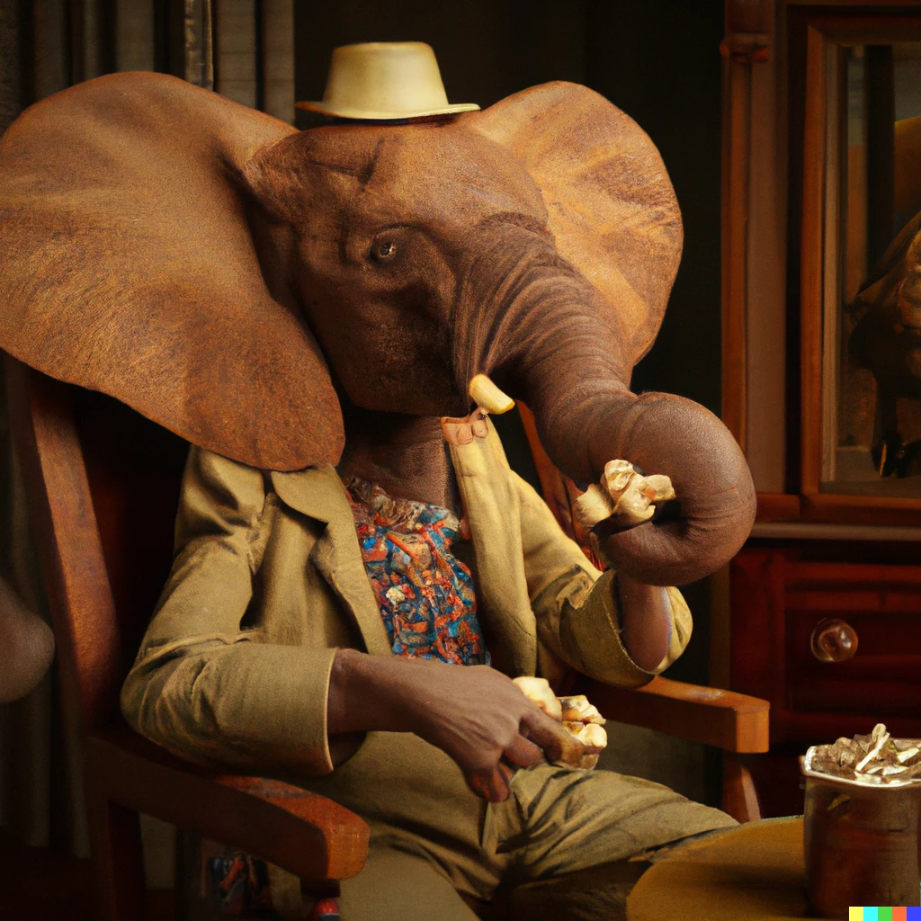 Prompt: A photorealistic picture of a humanoid elephant dressed in 1940's attire, sitting in a chair eating peanuts, high quality, 4k