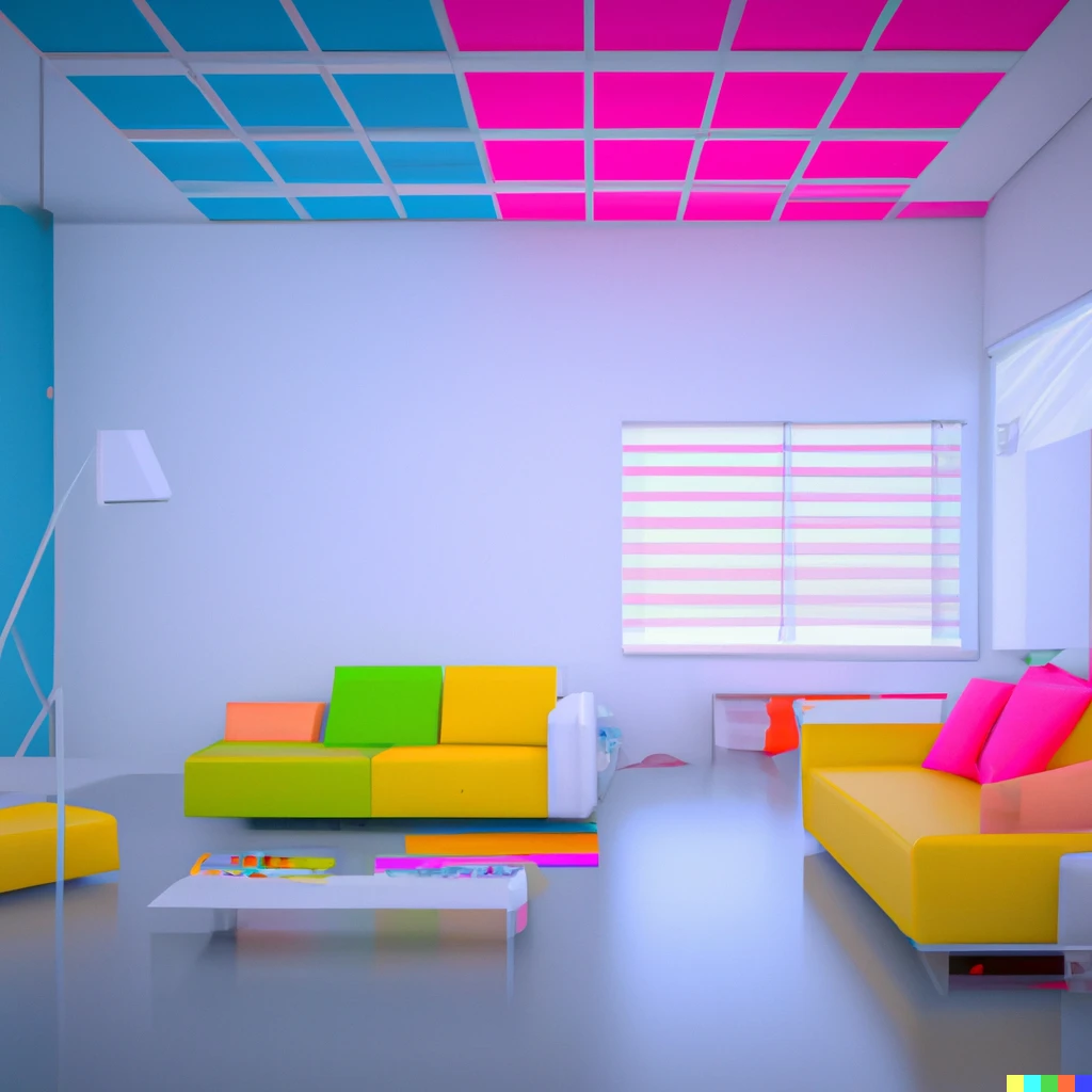 Prompt: A hyperrealistic 3d render of a multicolored gradient modern living room with a open floor plan, wallpaper, high quality, 4k