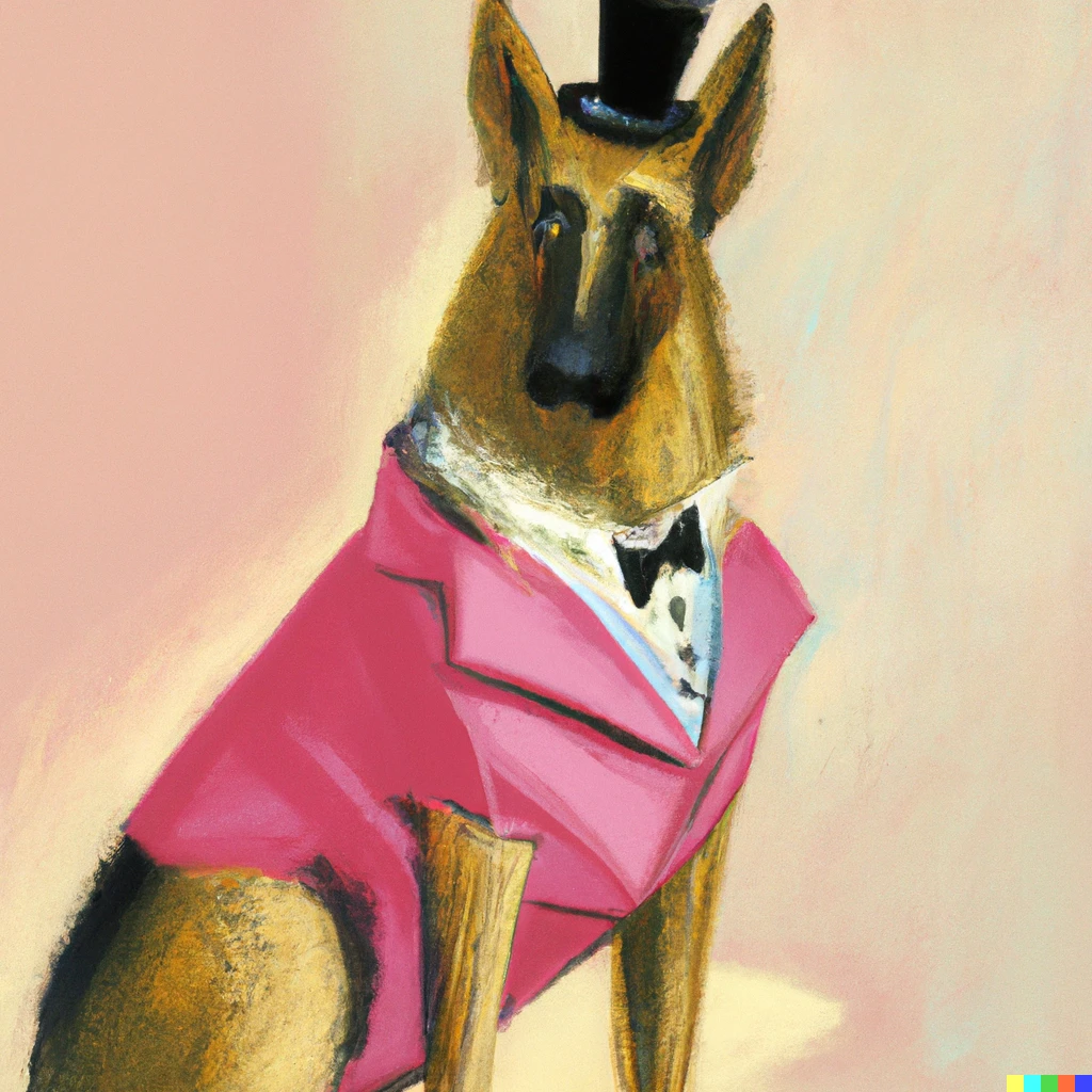 Prompt: A portrait of a German shepherd wearing a top hat and a pink dress by Pablo Picasso 