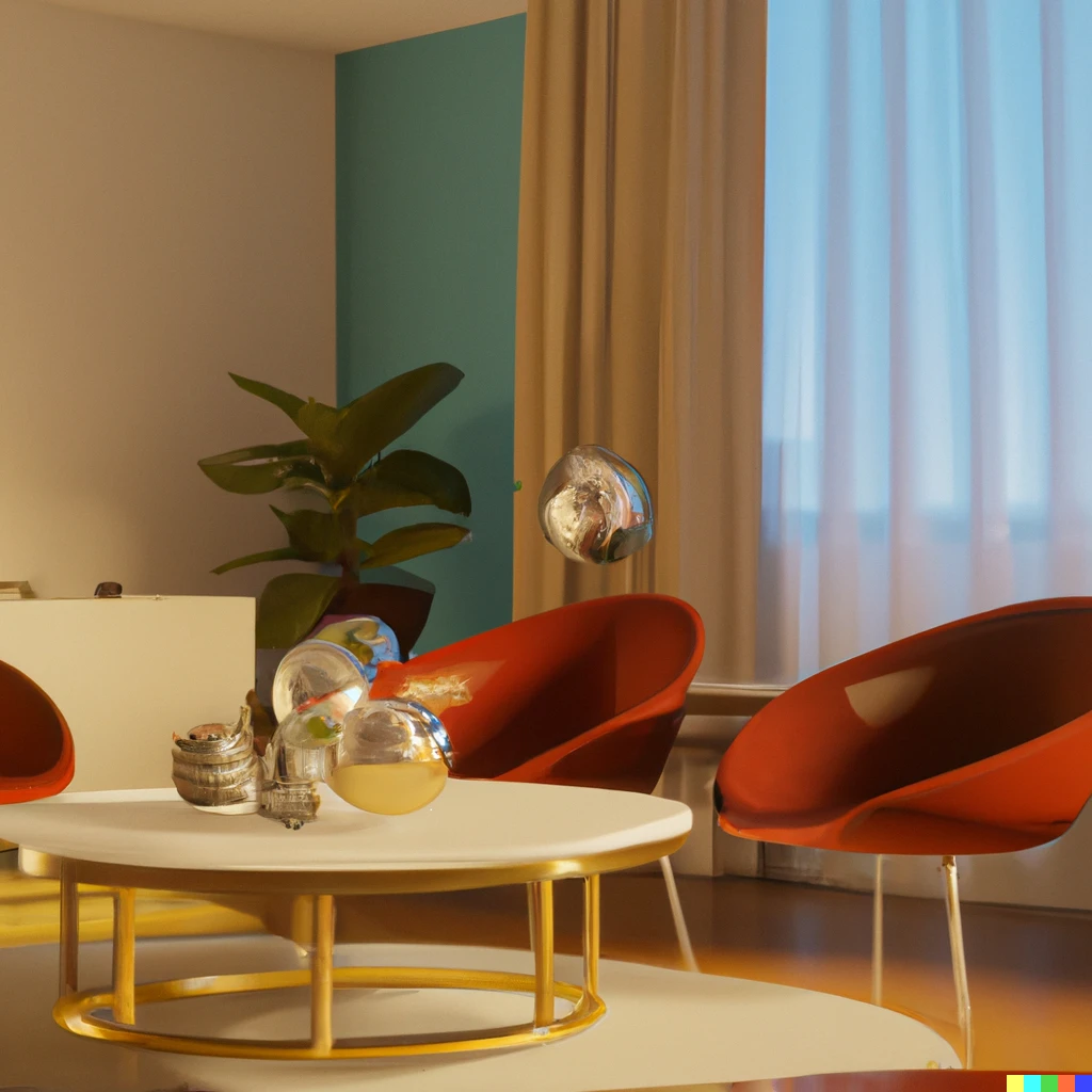 Prompt: A 3d render of a mid century modern living room, fancy, minimal, rendered in octane, high quality, 4k