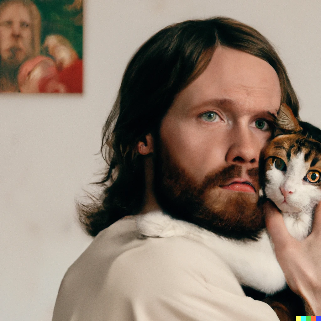 Prompt: A photorealistic portrait of Jesus holding a cat in his arms, high quality, 4k