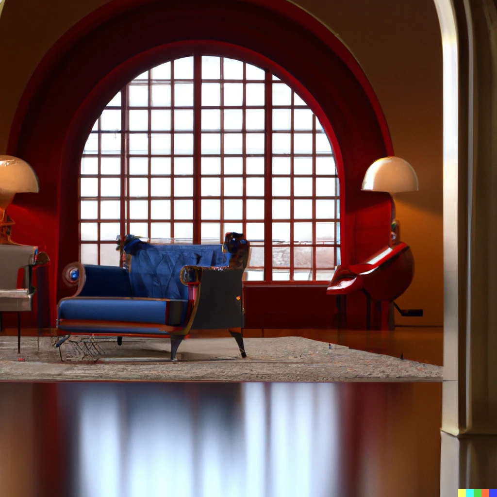 Prompt: High Quality surrealistic 3d render of a art deco modern living room, well lit with arched windows and mid century modern furniture and realistic lighting, 4k