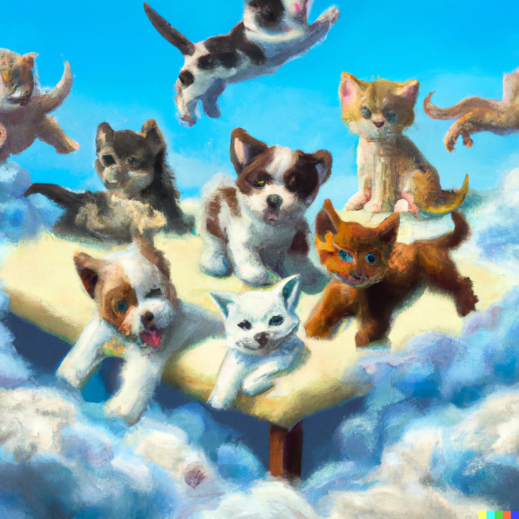 Prompt: Puppies and a kittens floating in the clouds in the style of Bob Ross, high quality, digital art