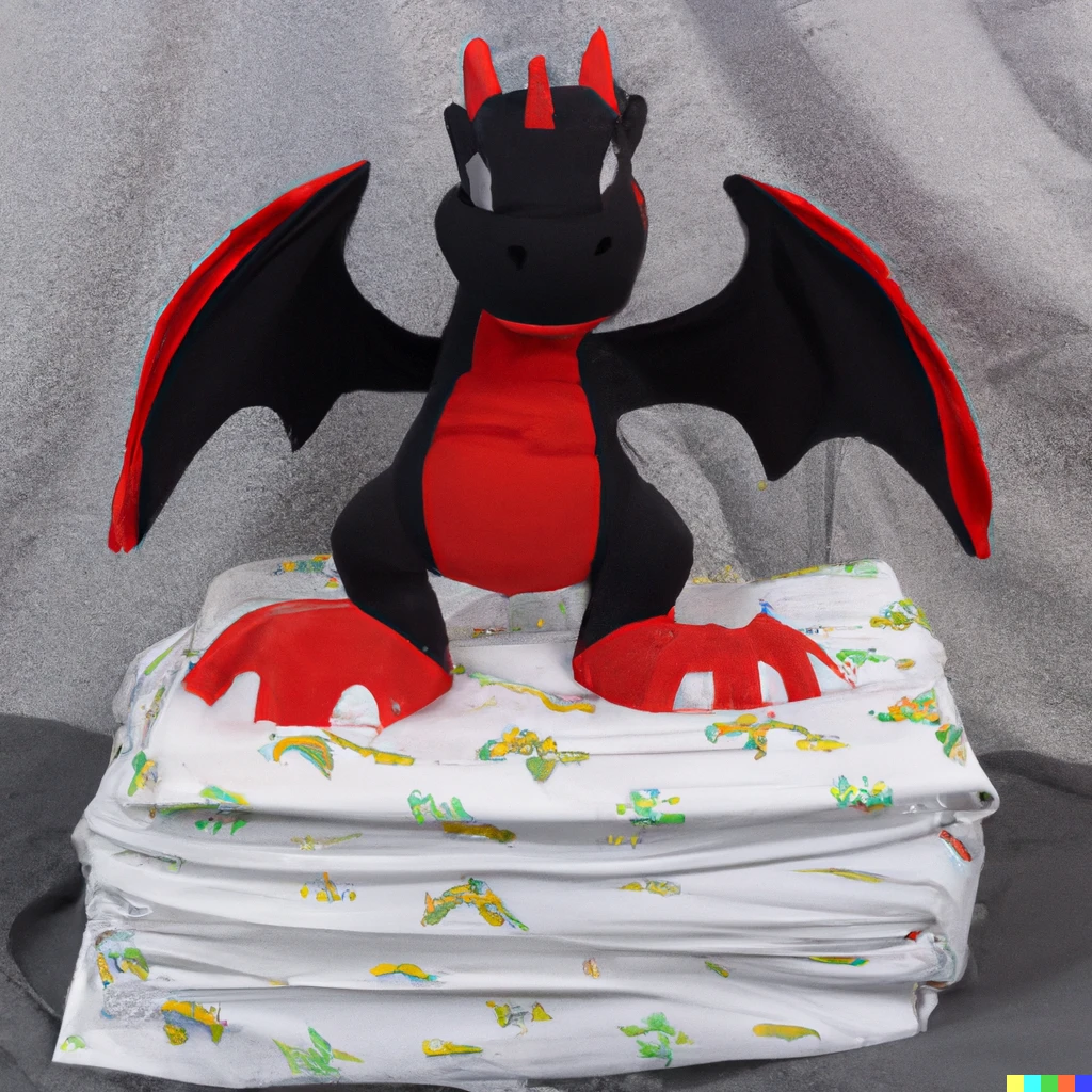 Prompt: A plastic blacked diaper sitting folded neatly upon a plinth. The diaper is decorated with a red dragon in the style of a cartoon