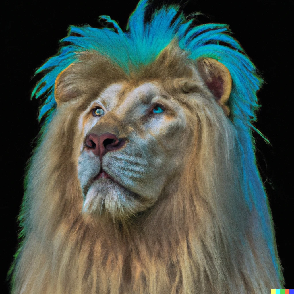 Prompt: A portrait of an anthropomorphic lion, with blue fur and a white mane. The lion is seated upright 