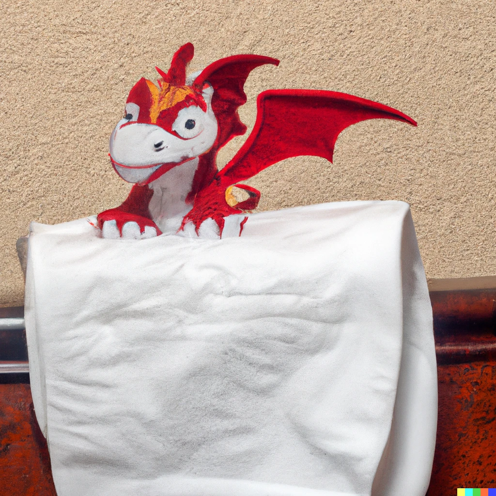 Prompt: A diaper sitting folded neatly upon a plinth. The diaper is decorated with a red dragon in the style of a cartoon