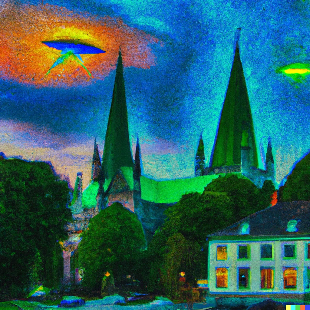 Prompt: Oil painting of nidarosdomen with ufos flying over it